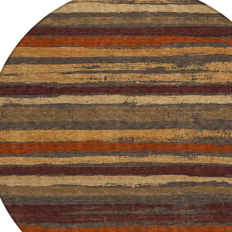 8' Chocolate Beige And Copper Round Striped Washable Indoor Outdoor Area Rug