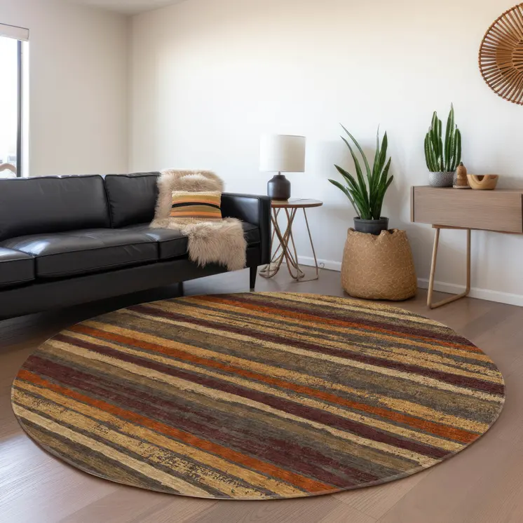 8' Chocolate Beige And Copper Round Striped Washable Indoor Outdoor Area Rug