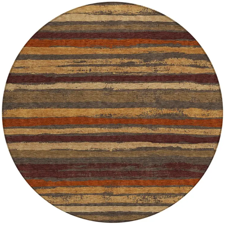 8' Chocolate Beige And Copper Round Striped Washable Indoor Outdoor Area Rug