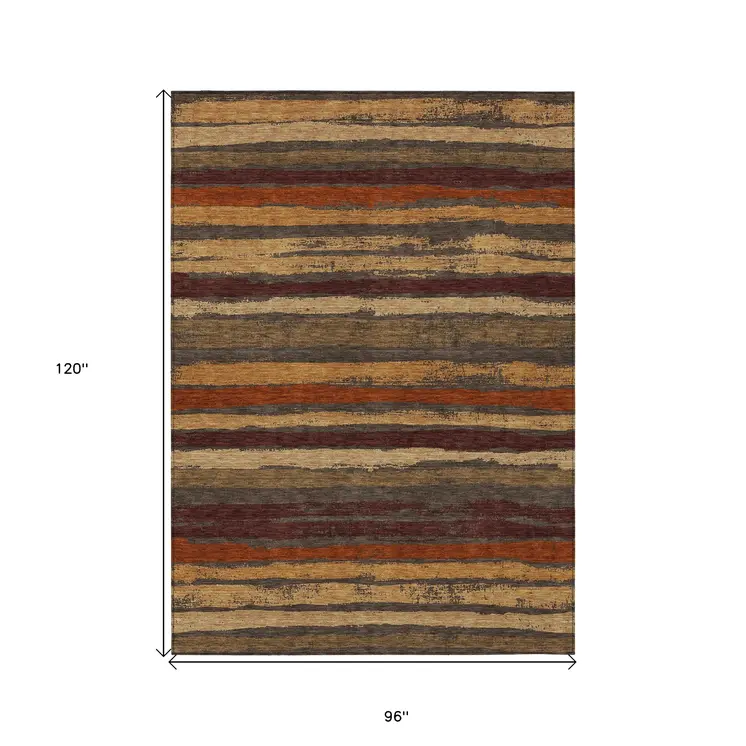8' X 10' Chocolate Beige And Copper Striped Washable Indoor Outdoor Area Rug