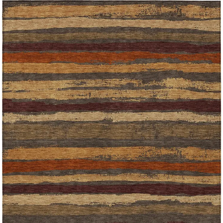 8' X 10' Chocolate Beige And Copper Striped Washable Indoor Outdoor Area Rug