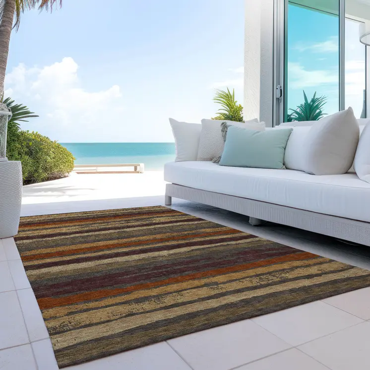 9' X 12' Chocolate Beige And Copper Striped Washable Indoor Outdoor Area Rug