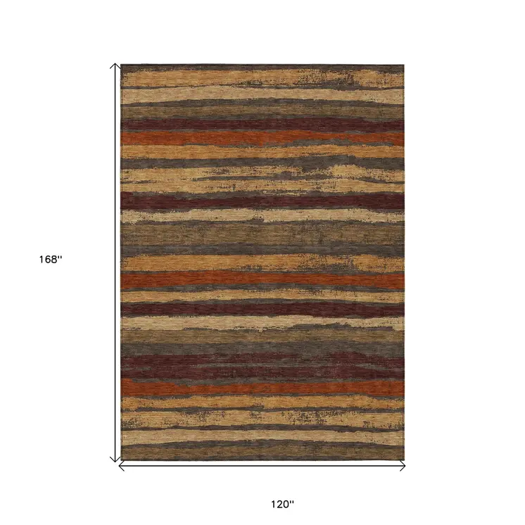 10' X 14' Chocolate Beige And Copper Striped Washable Indoor Outdoor Area Rug