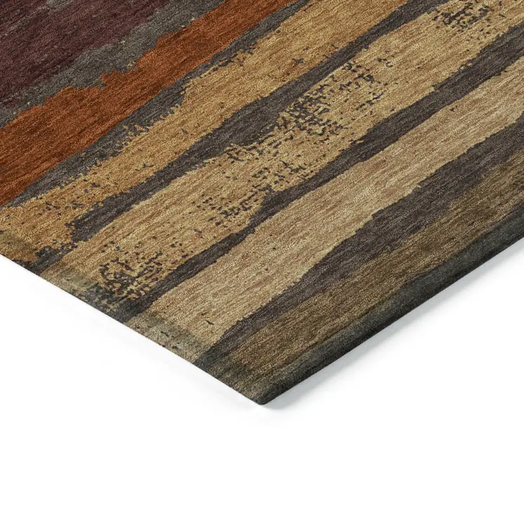 10' X 14' Chocolate Beige And Copper Striped Washable Indoor Outdoor Area Rug