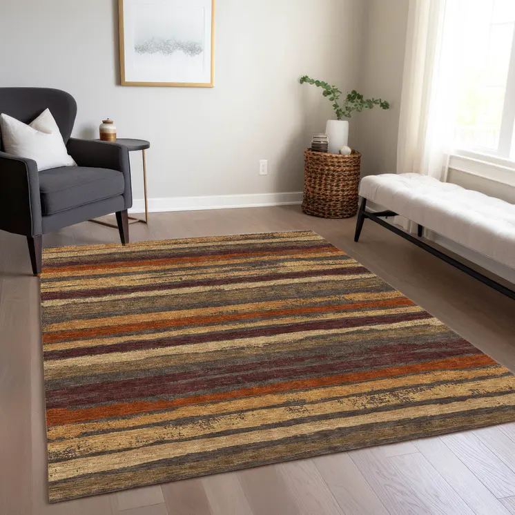 10' X 14' Chocolate Beige And Copper Striped Washable Indoor Outdoor Area Rug
