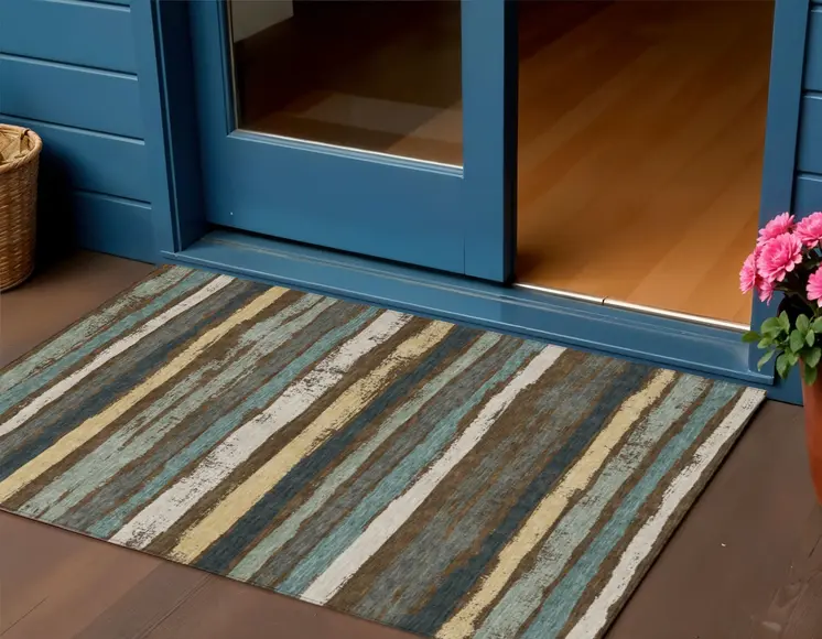 3' X 5' Brown Beige And Green Striped Washable Indoor Outdoor Area Rug