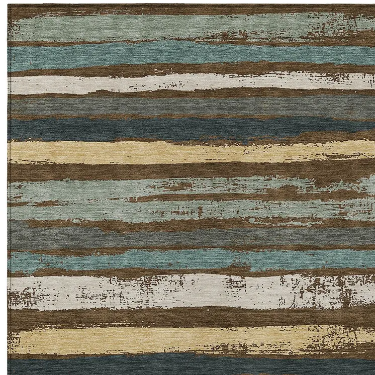 3' X 5' Brown Beige And Green Striped Washable Indoor Outdoor Area Rug