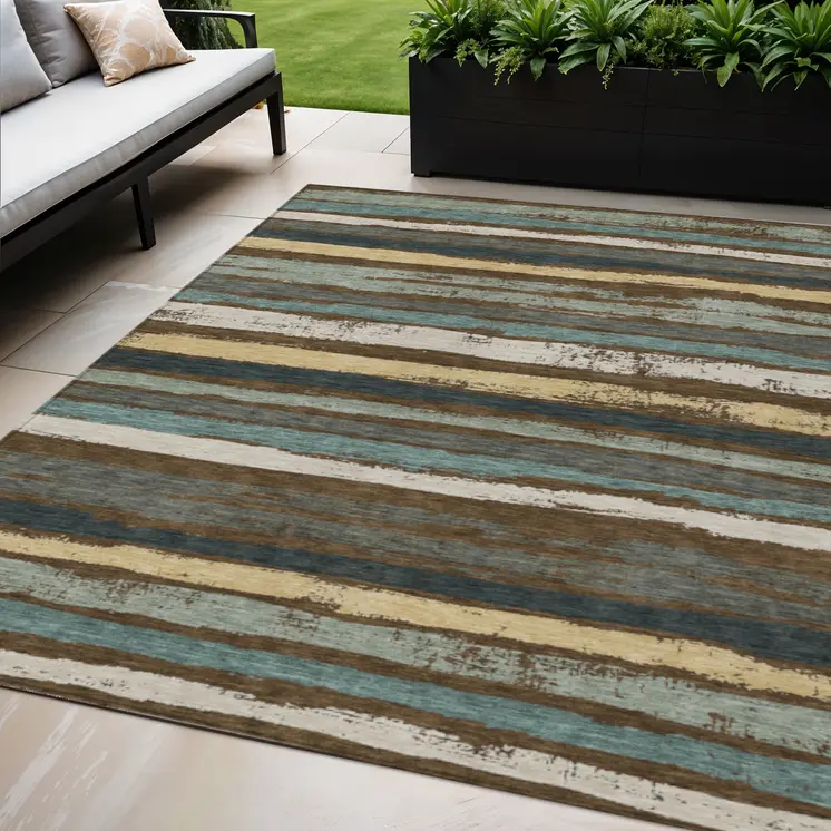 5' X 8' Brown Beige And Green Striped Washable Indoor Outdoor Area Rug