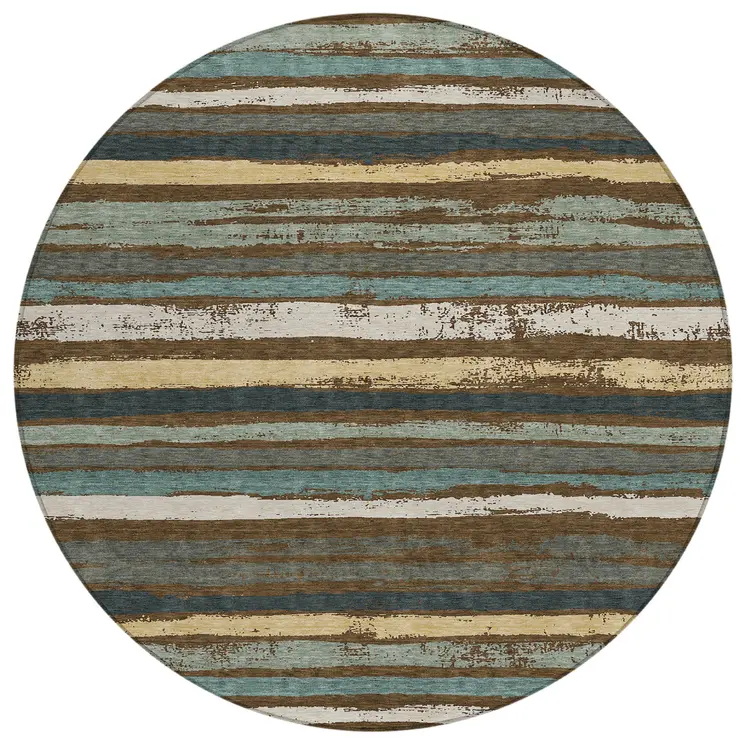 8' Brown Beige And Green Round Striped Washable Indoor Outdoor Area Rug
