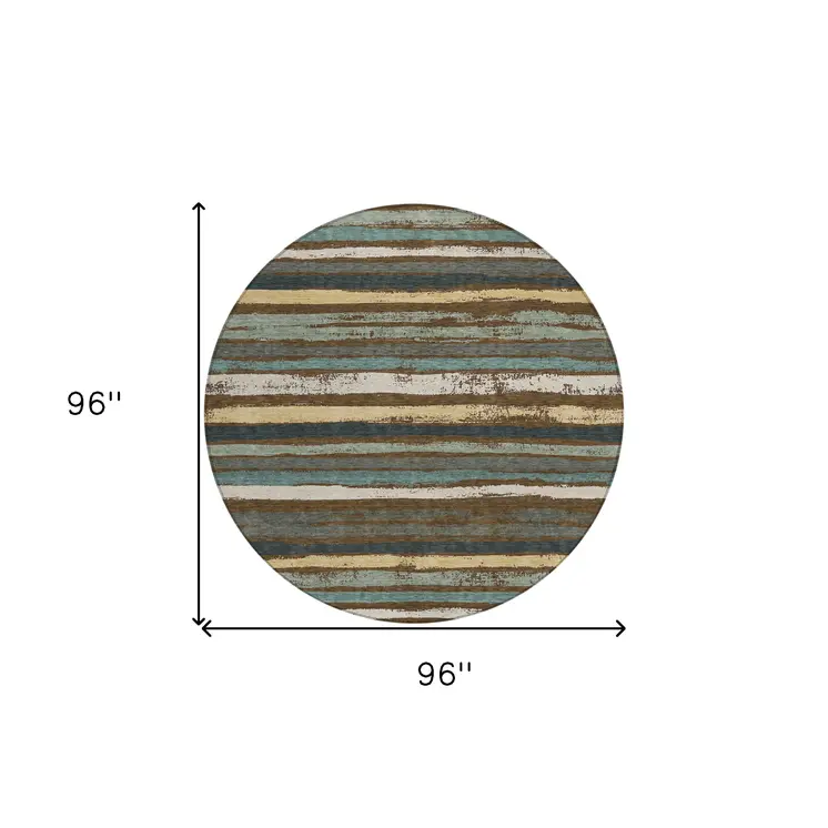8' Brown Beige And Green Round Striped Washable Indoor Outdoor Area Rug