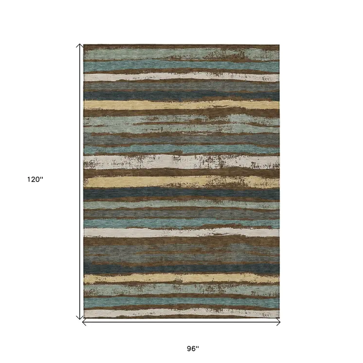8' X 10' Brown Beige And Green Striped Washable Indoor Outdoor Area Rug