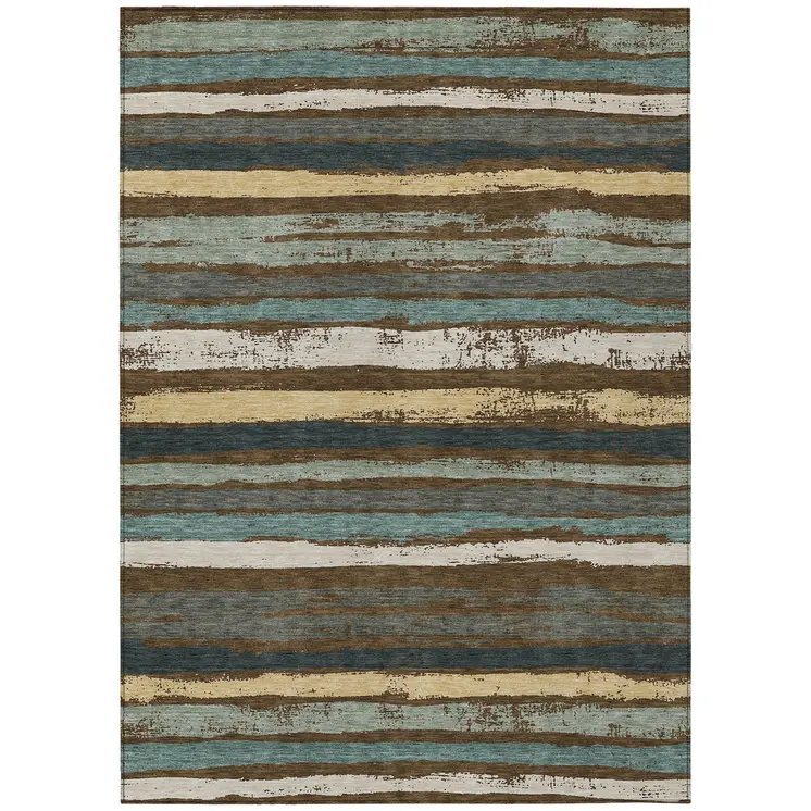 9' X 12' Brown Beige And Green Striped Washable Indoor Outdoor Area Rug
