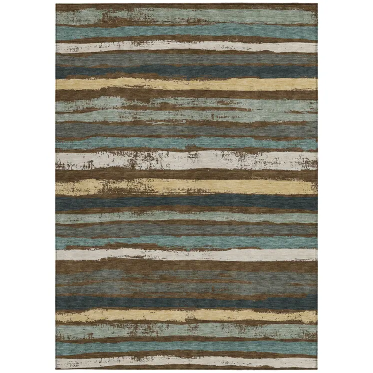 9' X 12' Brown Beige And Green Striped Washable Indoor Outdoor Area Rug