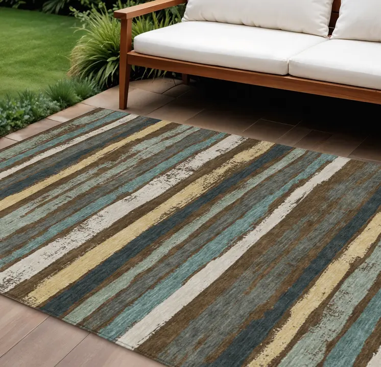 10' X 14' Brown Beige And Green Striped Washable Indoor Outdoor Area Rug