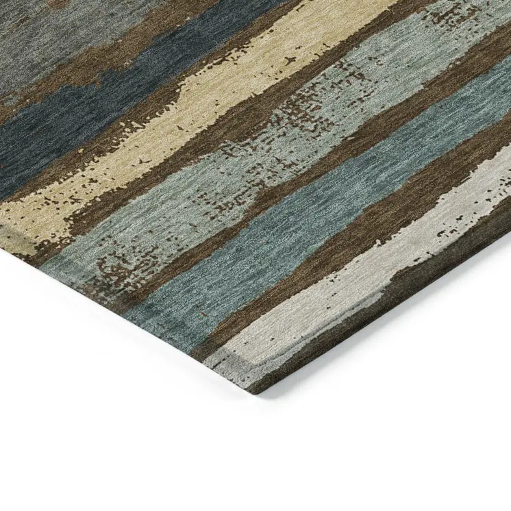 10' X 14' Brown Beige And Green Striped Washable Indoor Outdoor Area Rug