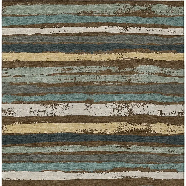 10' X 14' Brown Beige And Green Striped Washable Indoor Outdoor Area Rug