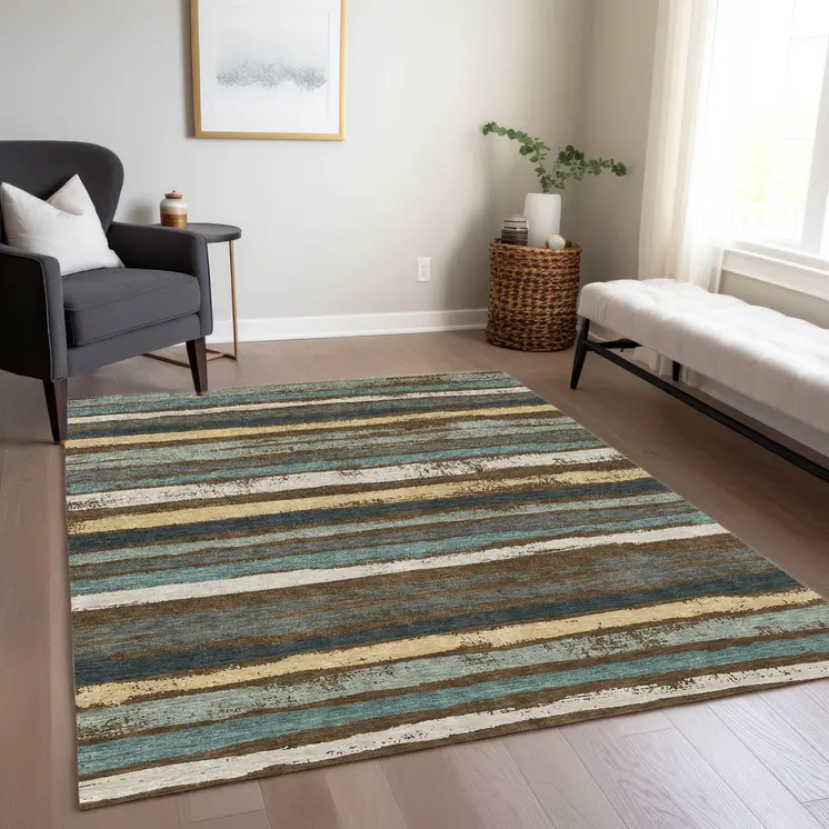 10' X 14' Brown Beige And Green Striped Washable Indoor Outdoor Area Rug