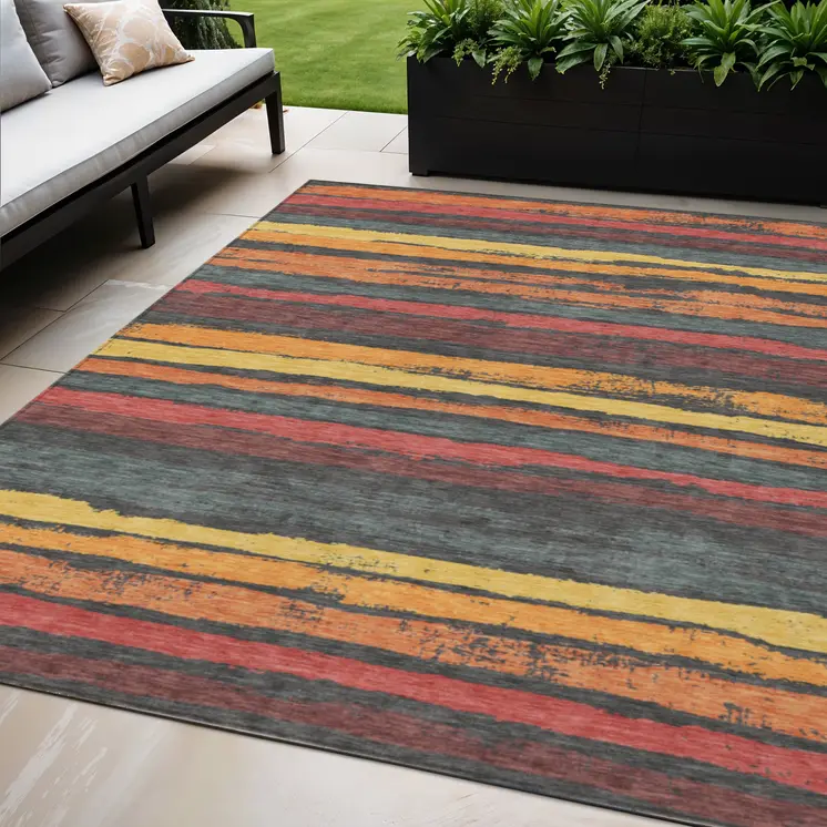 5' X 8' Granite Gray Copper And Yellow Striped Washable Indoor Outdoor Area Rug