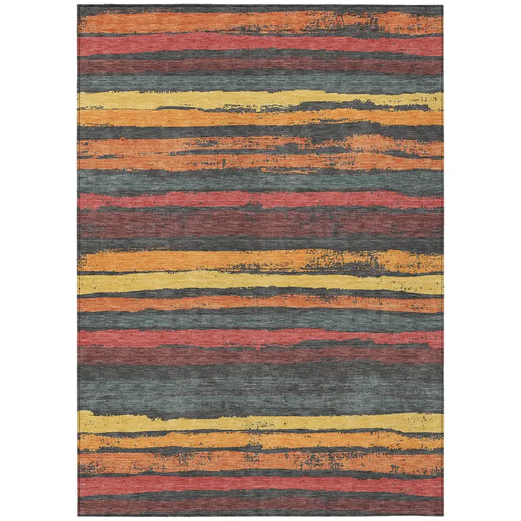 5' X 8' Granite Gray Copper And Yellow Striped Washable Indoor Outdoor Area Rug