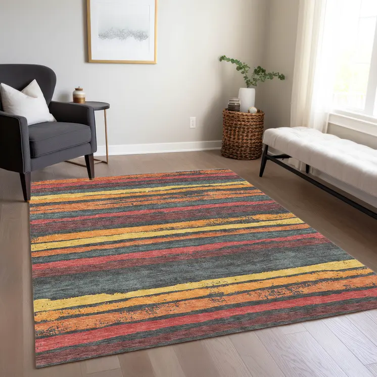5' X 8' Granite Gray Copper And Yellow Striped Washable Indoor Outdoor Area Rug