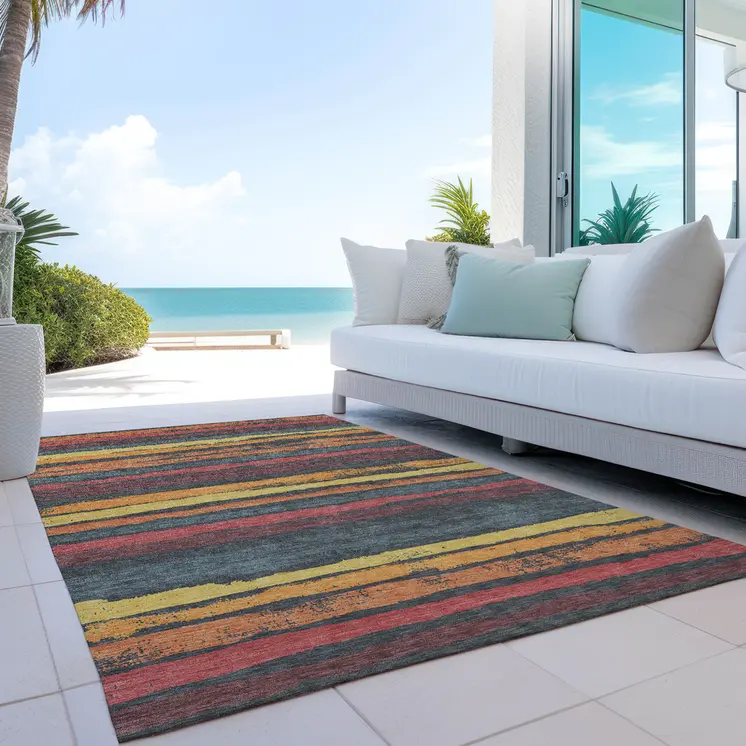 5' X 8' Granite Gray Copper And Yellow Striped Washable Indoor Outdoor Area Rug