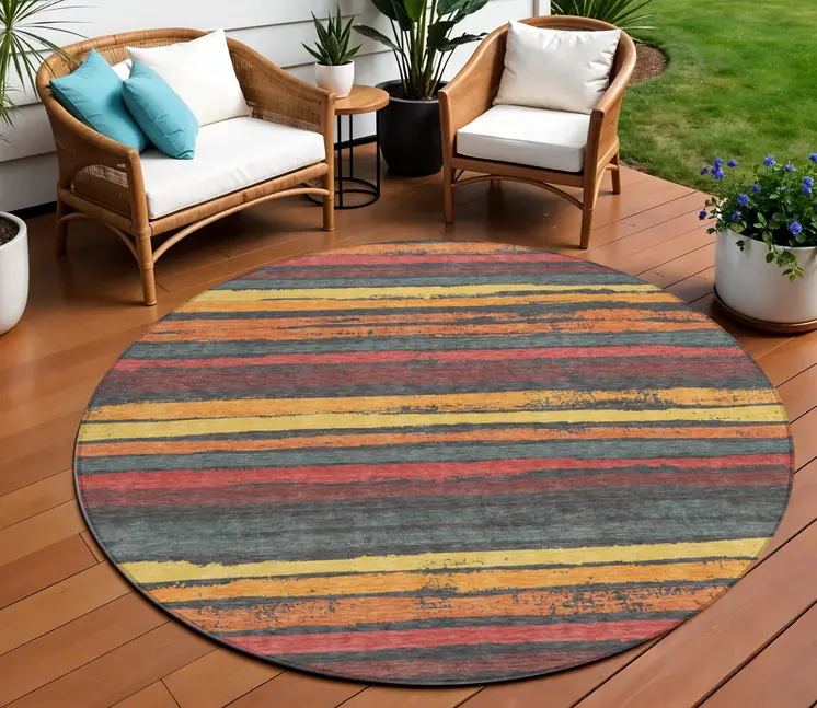 8' Granite Gray Copper And Yellow Round Striped Washable Indoor Outdoor Area Rug