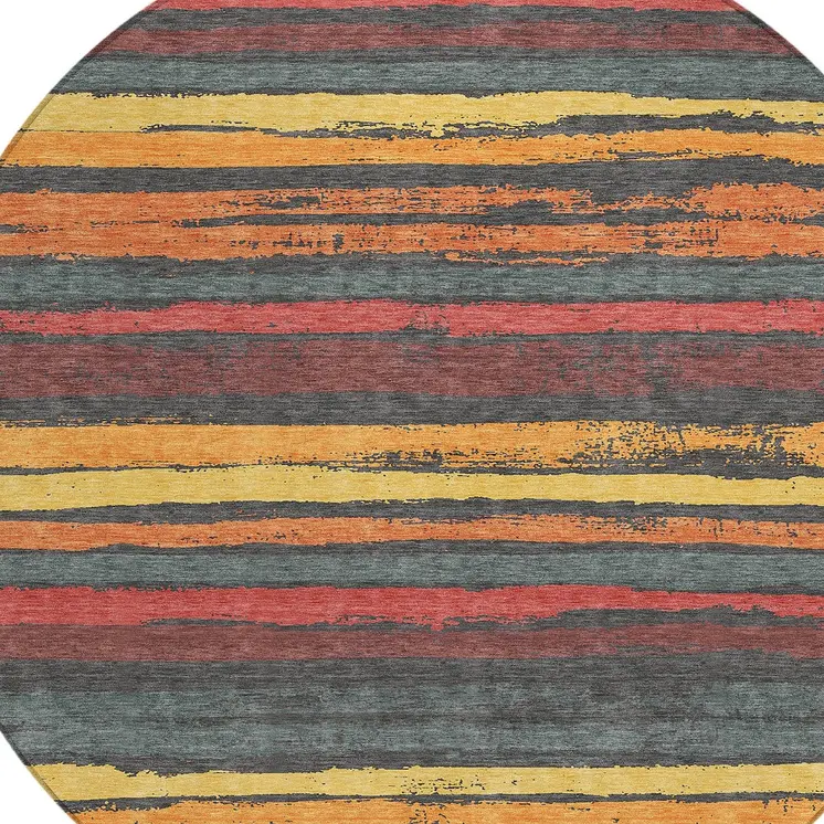 8' Granite Gray Copper And Yellow Round Striped Washable Indoor Outdoor Area Rug