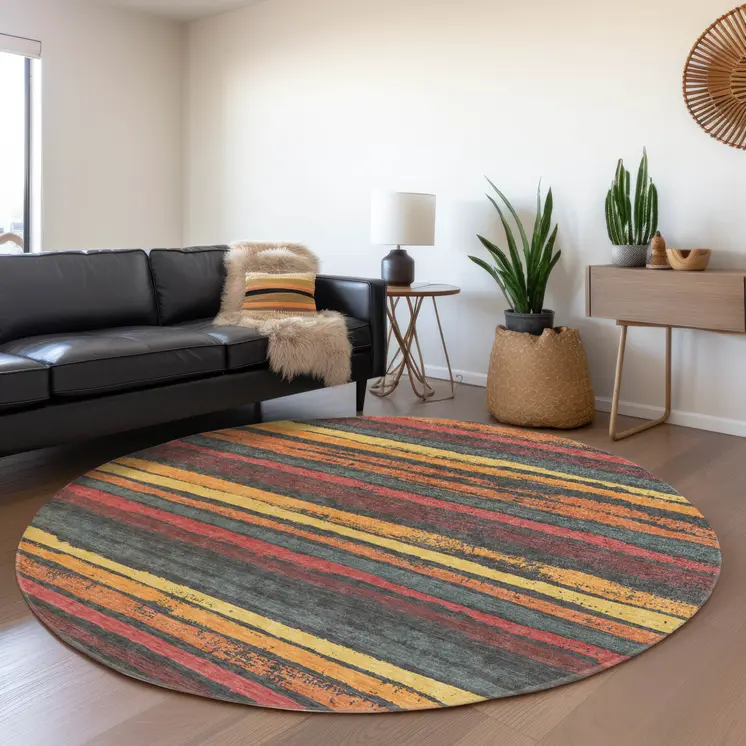 8' Granite Gray Copper And Yellow Round Striped Washable Indoor Outdoor Area Rug