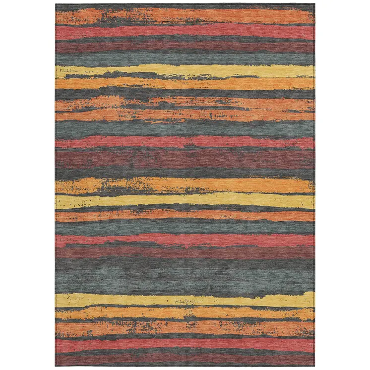 10' X 14' Granite Gray Copper And Yellow Striped Washable Indoor Outdoor Area Rug