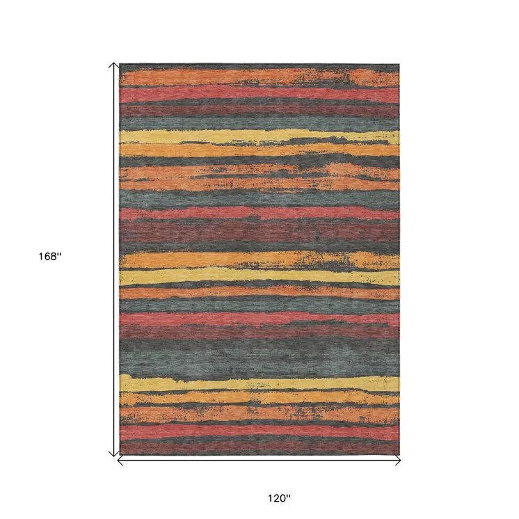 10' X 14' Granite Gray Copper And Yellow Striped Washable Indoor Outdoor Area Rug