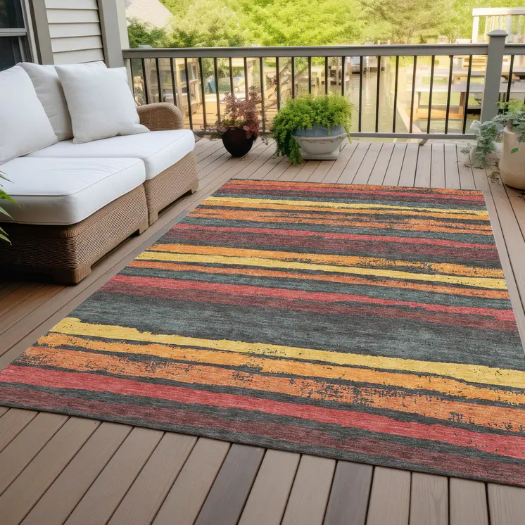 10' X 14' Granite Gray Copper And Yellow Striped Washable Indoor Outdoor Area Rug