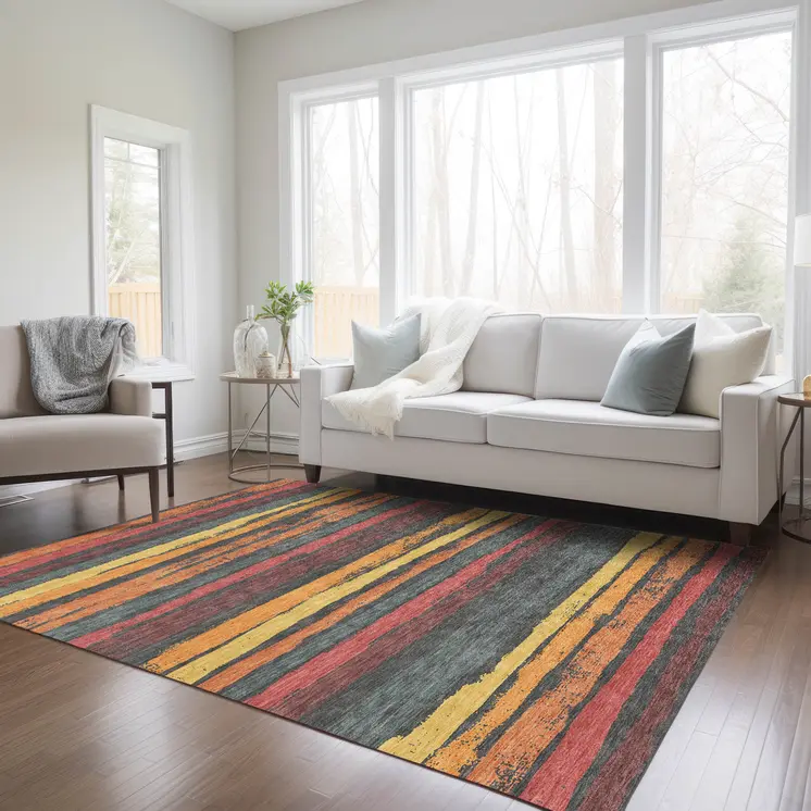 10' X 14' Granite Gray Copper And Yellow Striped Washable Indoor Outdoor Area Rug