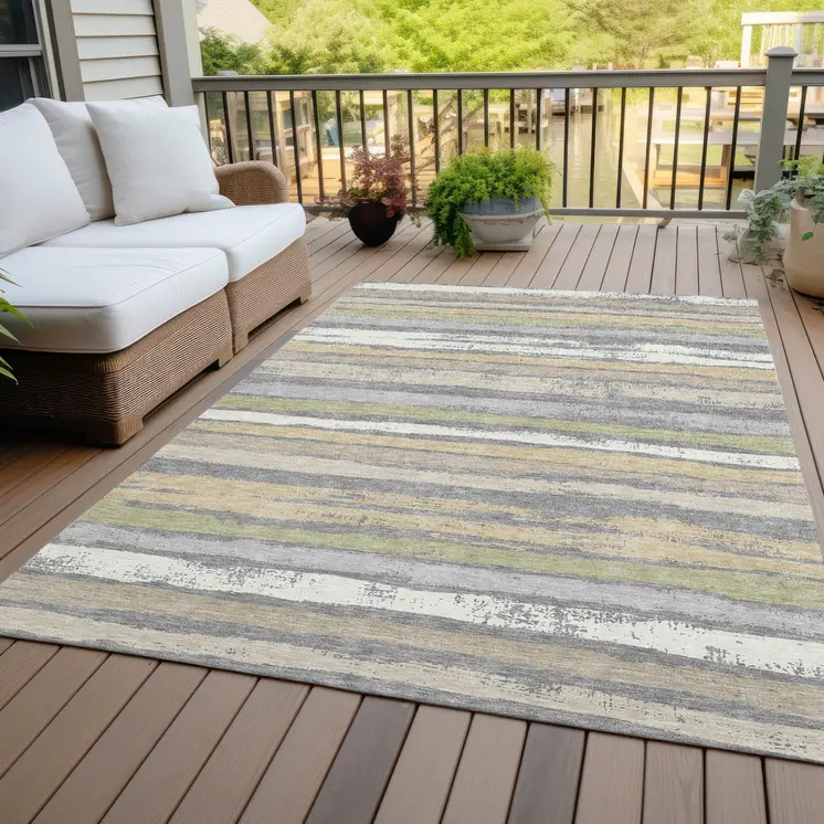 5' X 8' Gray Ivory And Green Striped Washable Indoor Outdoor Area Rug