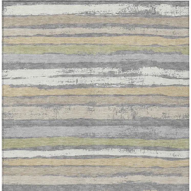 5' X 8' Gray Ivory And Green Striped Washable Indoor Outdoor Area Rug