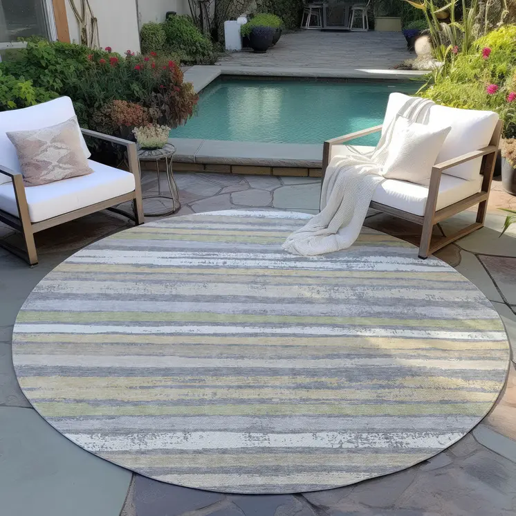 8' Gray Ivory And Green Round Striped Washable Indoor Outdoor Area Rug