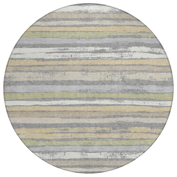 8' Gray Ivory And Green Round Striped Washable Indoor Outdoor Area Rug