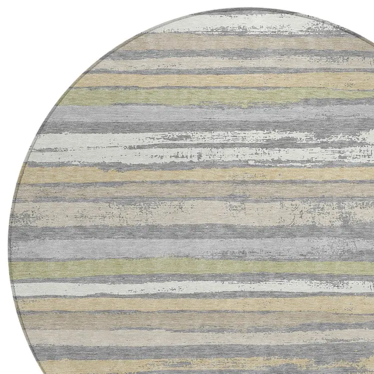 8' Gray Ivory And Green Round Striped Washable Indoor Outdoor Area Rug