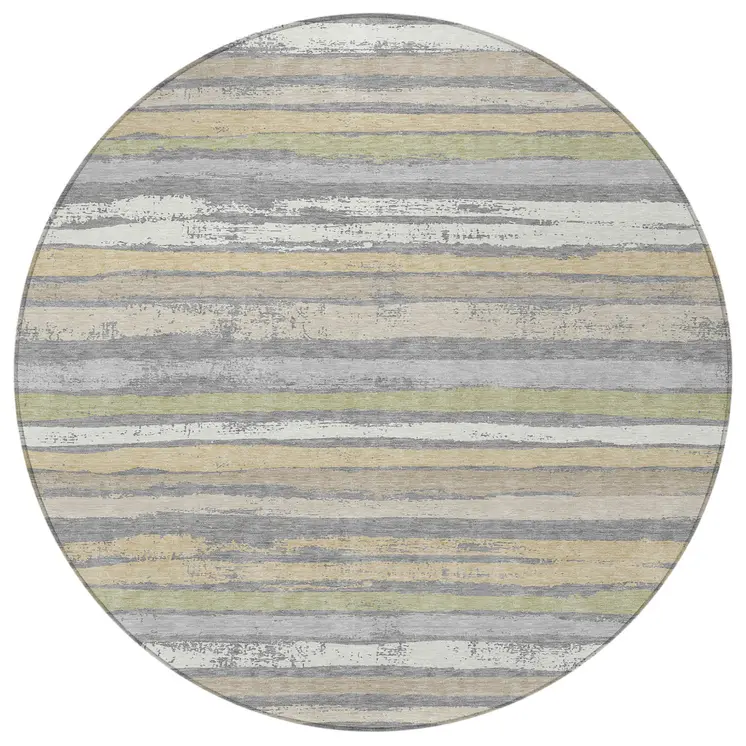 8' Gray Ivory And Green Round Striped Washable Indoor Outdoor Area Rug