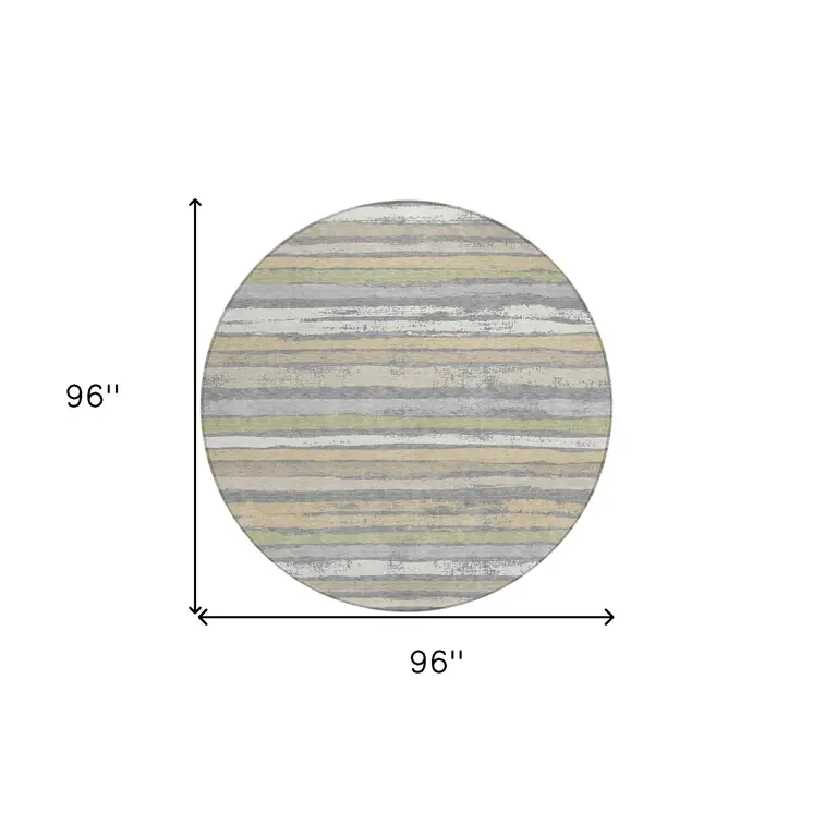 8' Gray Ivory And Green Round Striped Washable Indoor Outdoor Area Rug