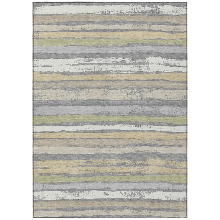 8' X 10' Gray Ivory And Green Striped Washable Indoor Outdoor Area Rug