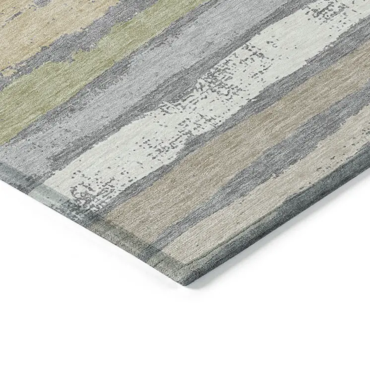 8' X 10' Gray Ivory And Green Striped Washable Indoor Outdoor Area Rug
