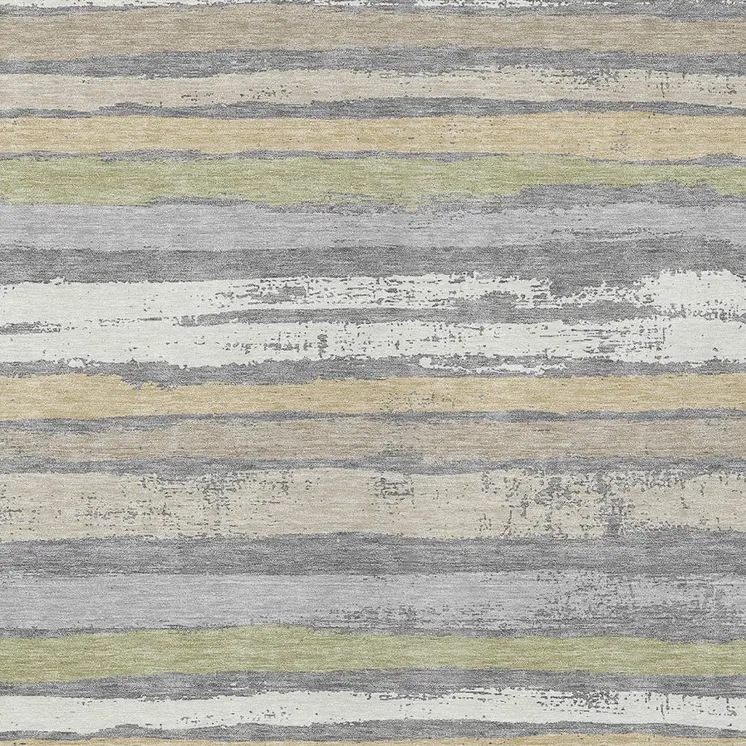 9' X 12' Gray Ivory And Green Striped Washable Indoor Outdoor Area Rug