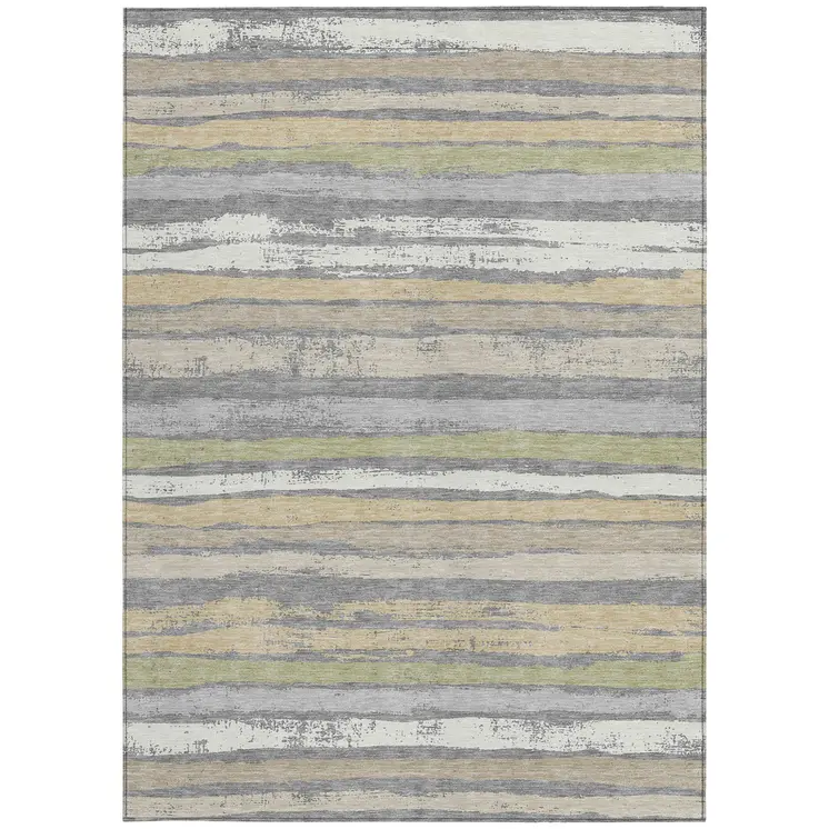 10' X 14' Gray Ivory And Green Striped Washable Indoor Outdoor Area Rug