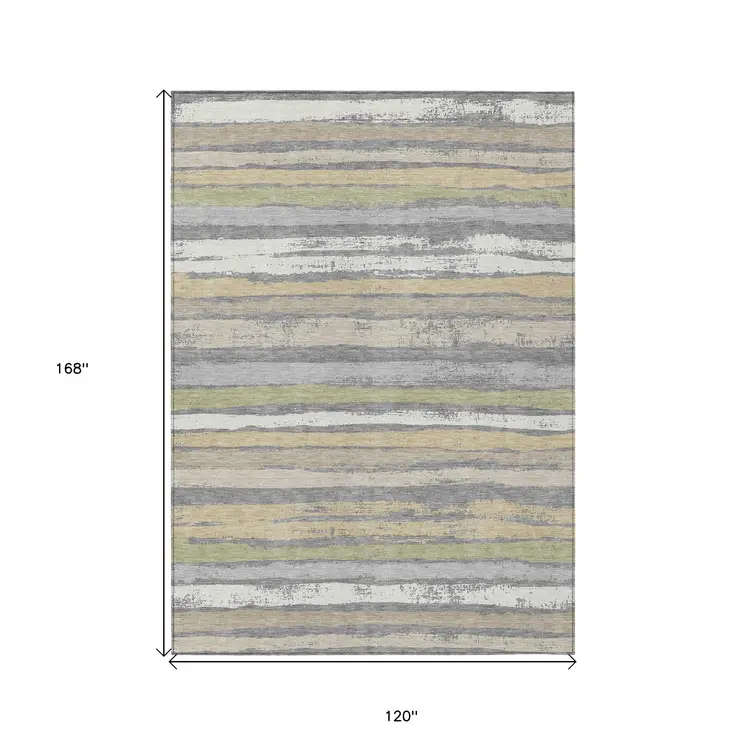 10' X 14' Gray Ivory And Green Striped Washable Indoor Outdoor Area Rug