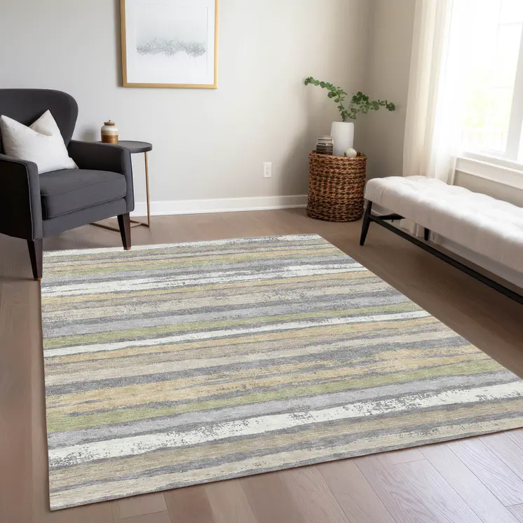 10' X 14' Gray Ivory And Green Striped Washable Indoor Outdoor Area Rug