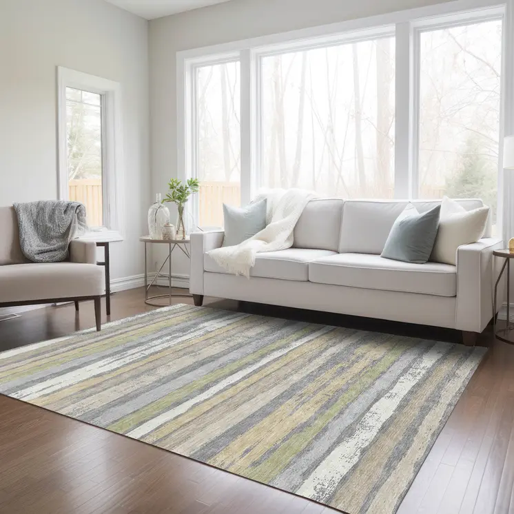 10' X 14' Gray Ivory And Green Striped Washable Indoor Outdoor Area Rug