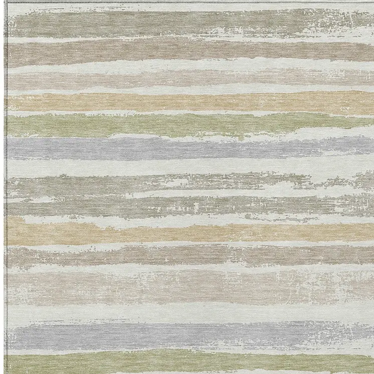 3' X 5' Ivory Beige And Green Striped Washable Indoor Outdoor Area Rug