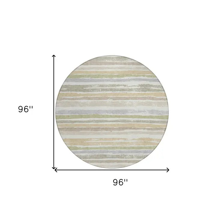 8' Ivory Beige And Green Round Striped Washable Indoor Outdoor Area Rug