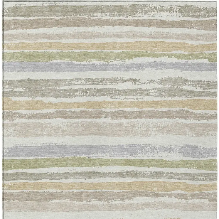 8' X 10' Ivory Beige And Green Striped Washable Indoor Outdoor Area Rug