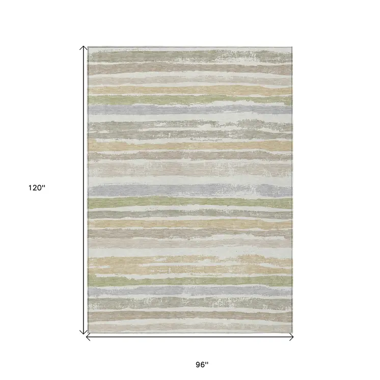 8' X 10' Ivory Beige And Green Striped Washable Indoor Outdoor Area Rug